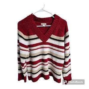 St. John's Bay Sweater Women's Size Large Plush Soft Cozy Striped Sweater Red